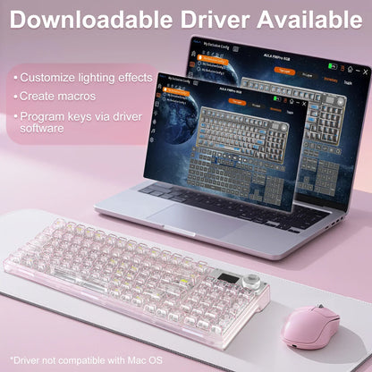 Transparent RGB gaming keyboard and pink mouse on desk with driver software open on laptop