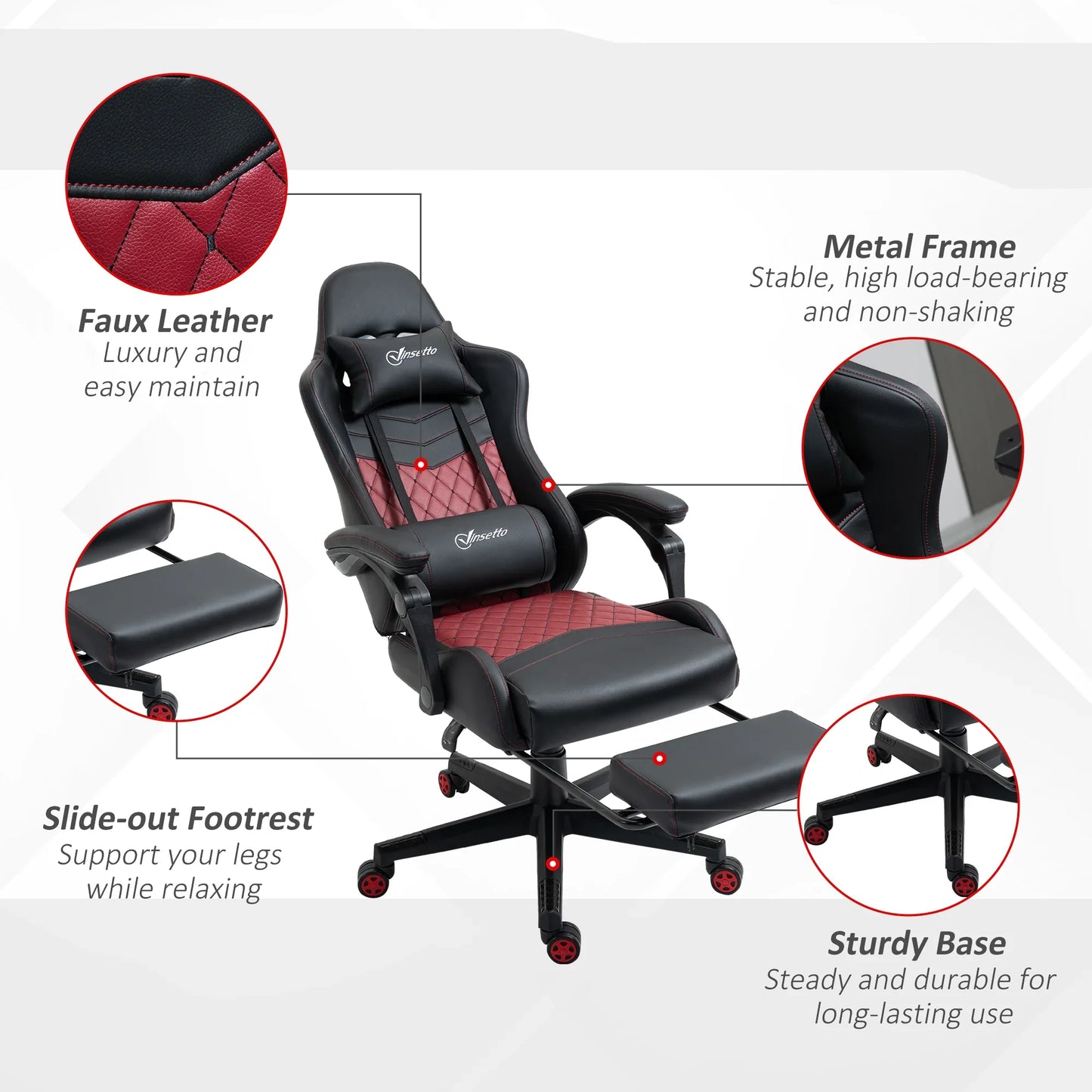 Gaming chair with black and red faux leather, metal frame, slide-out footrest, and sturdy base