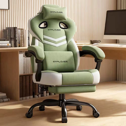 Green and white GTPLAYER gaming chair with lumbar support, positioned at a desk setup for gamers.