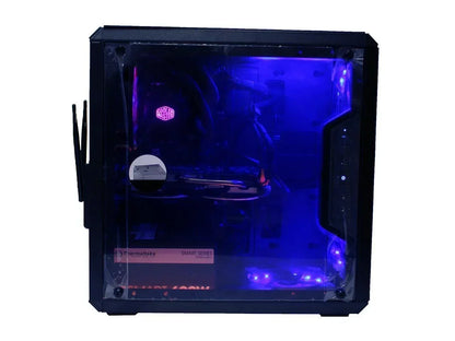 Gaming PC with transparent side panel, blue LED lighting, Cooler Master cooler, Thermaltake PSU