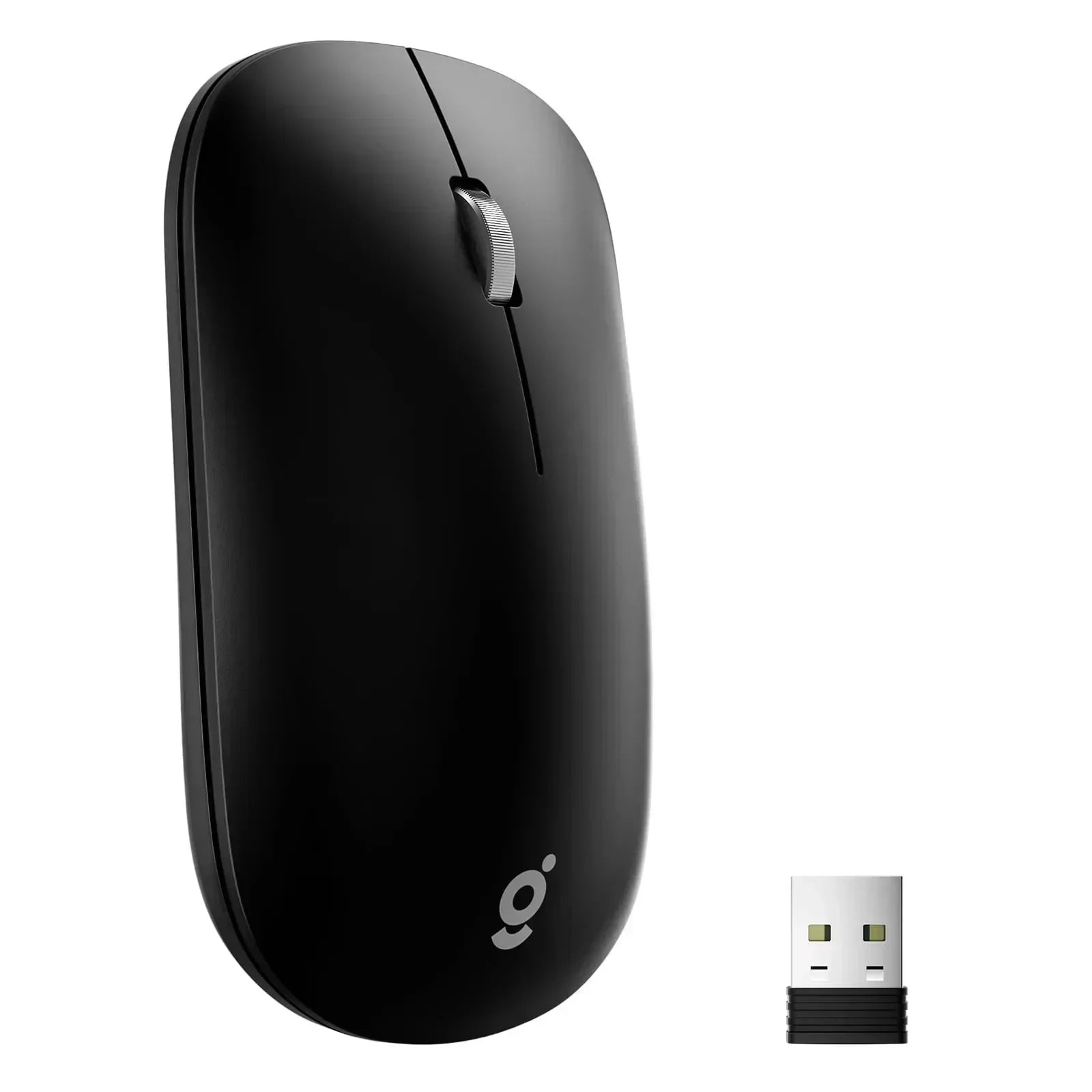 Slim black wireless gaming mouse with scroll wheel and USB receiver on white background