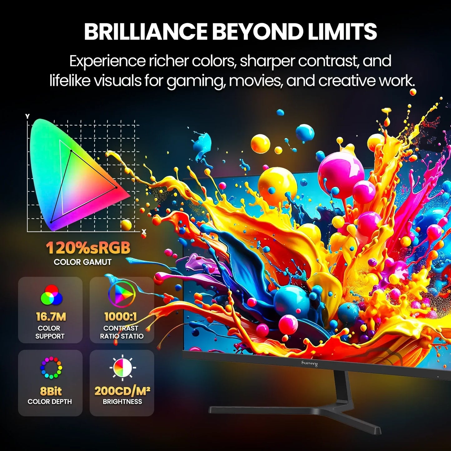 Vivid monitor display with colorful paint splashes showing 120% sRGB, 16.7M colors, 1000:1 contrast, 8-bit depth, 200 cd/m² brightness