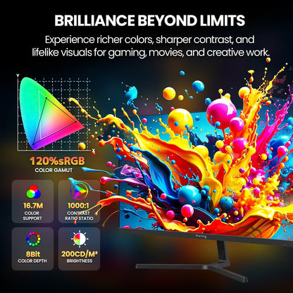 Vivid monitor display with colorful paint splashes showing 120% sRGB, 16.7M colors, 1000:1 contrast, 8-bit depth, 200 cd/m² brightness
