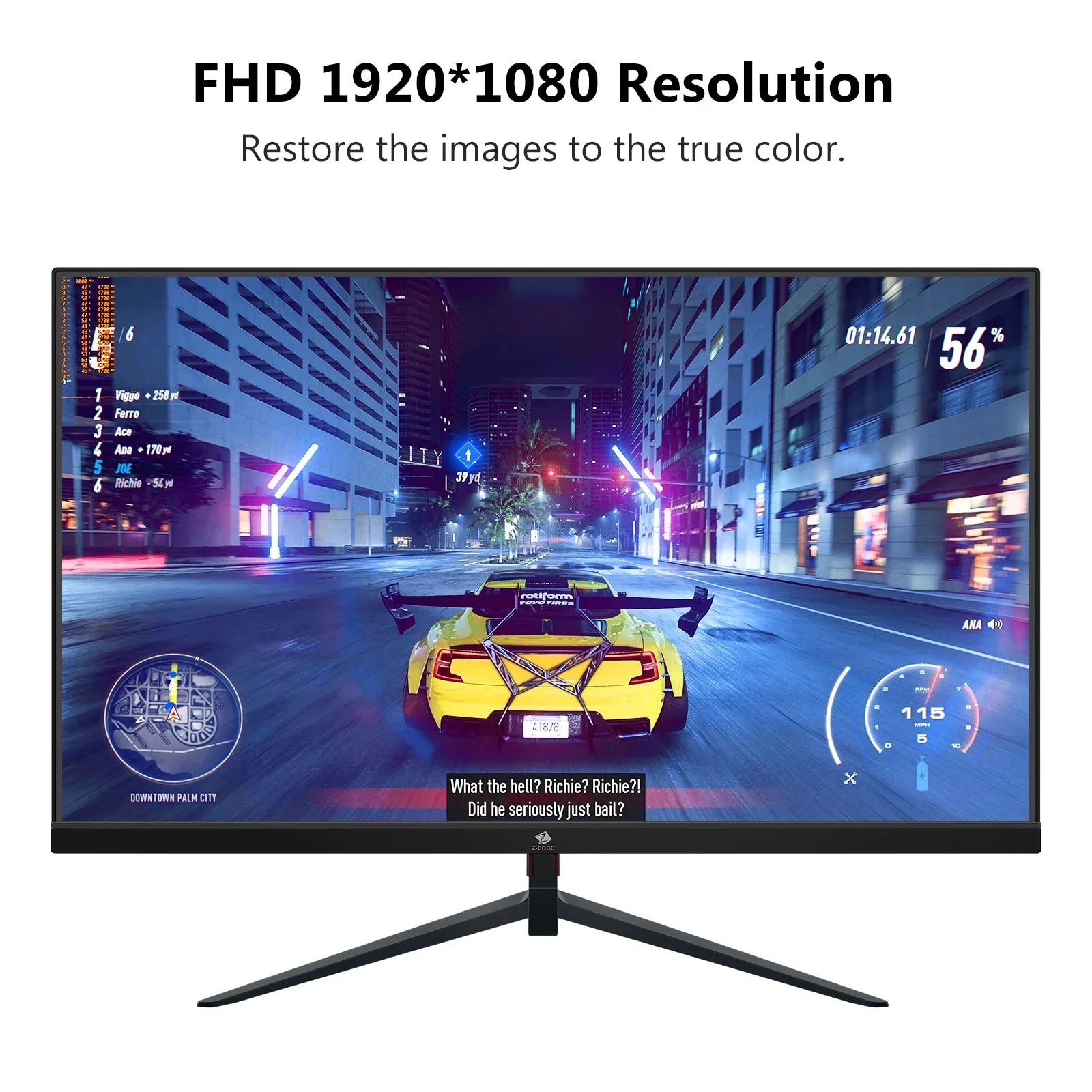 Gaming monitor displaying a racing game in downtown city at night with a yellow sports car and FHD 1920x1080 resolution