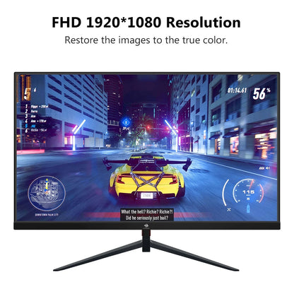 Gaming monitor displaying a racing game in downtown city at night with a yellow sports car and FHD 1920x1080 resolution