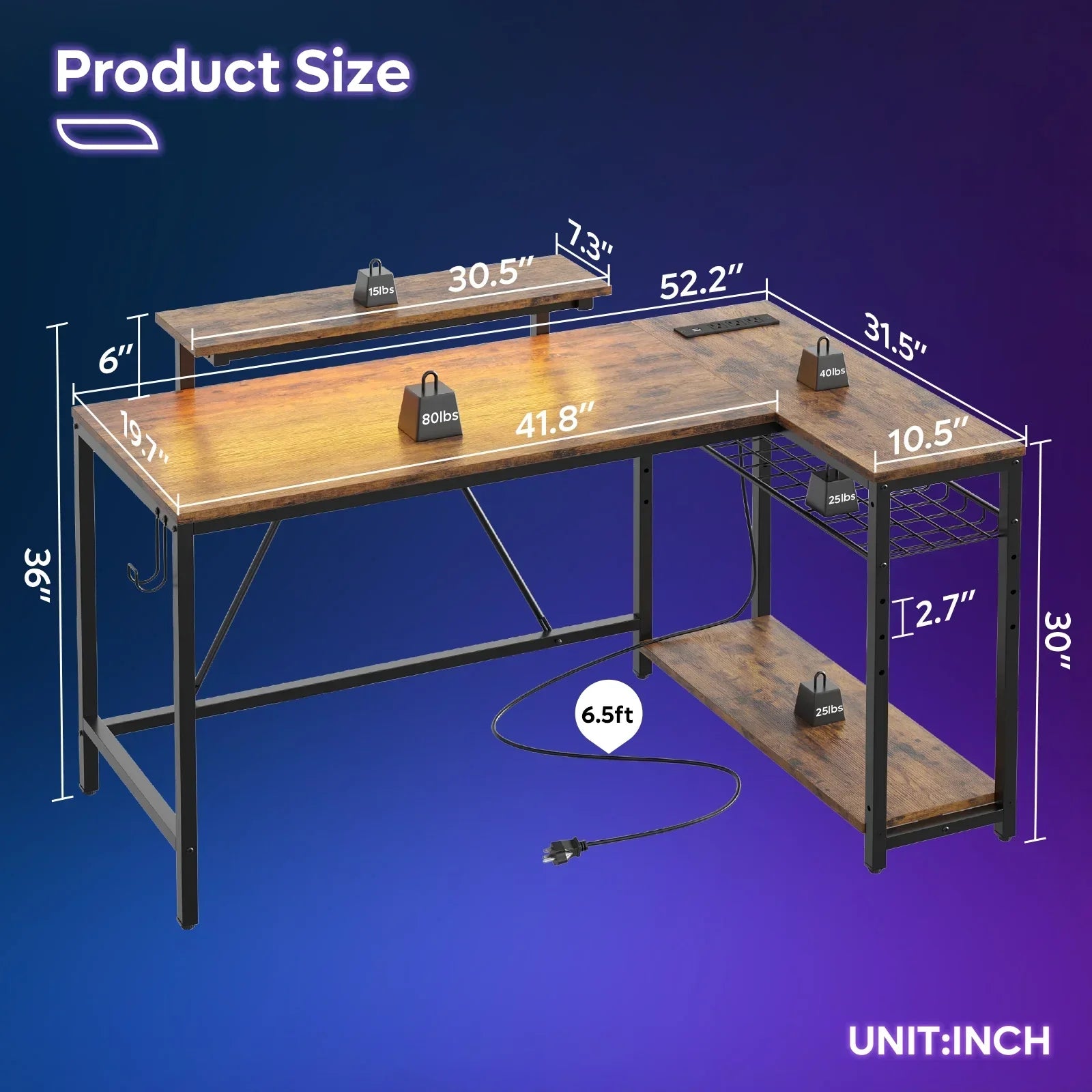 L-shaped wooden office computer desk with black metal frame, multiple shelves, and weight capacities shown