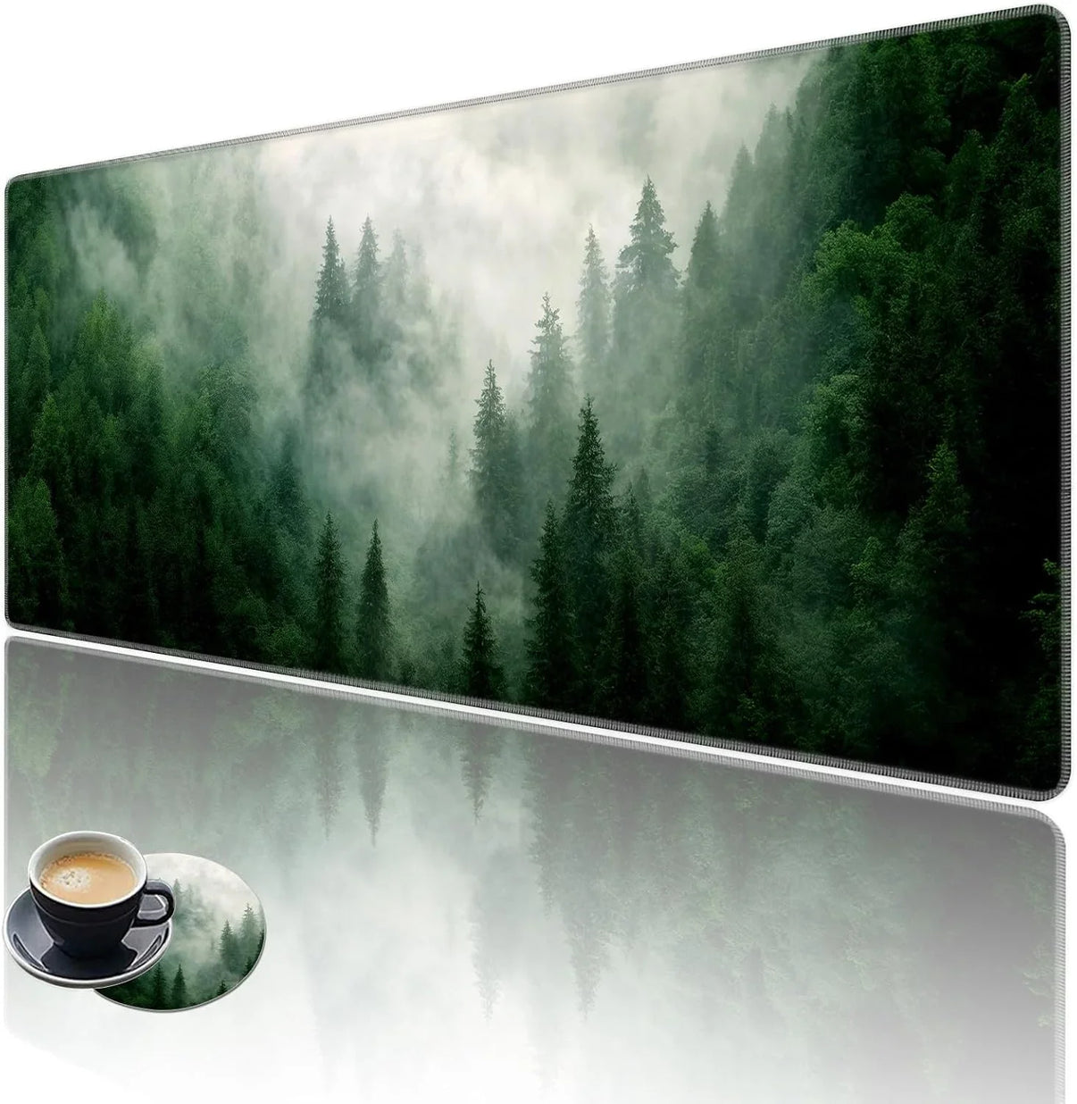 Extended gaming mouse pad and coaster set featuring misty evergreen forest design