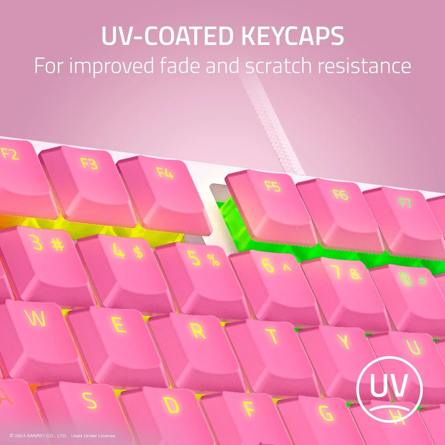 Pink UV-coated keycaps on a gaming keyboard with yellow backlighting, Byte Style gear