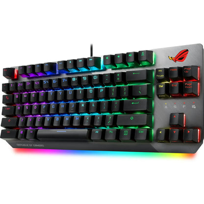 RGB backlit ASUS Republic of Gamers mechanical gaming keyboard with brushed metal top and multimedia keys