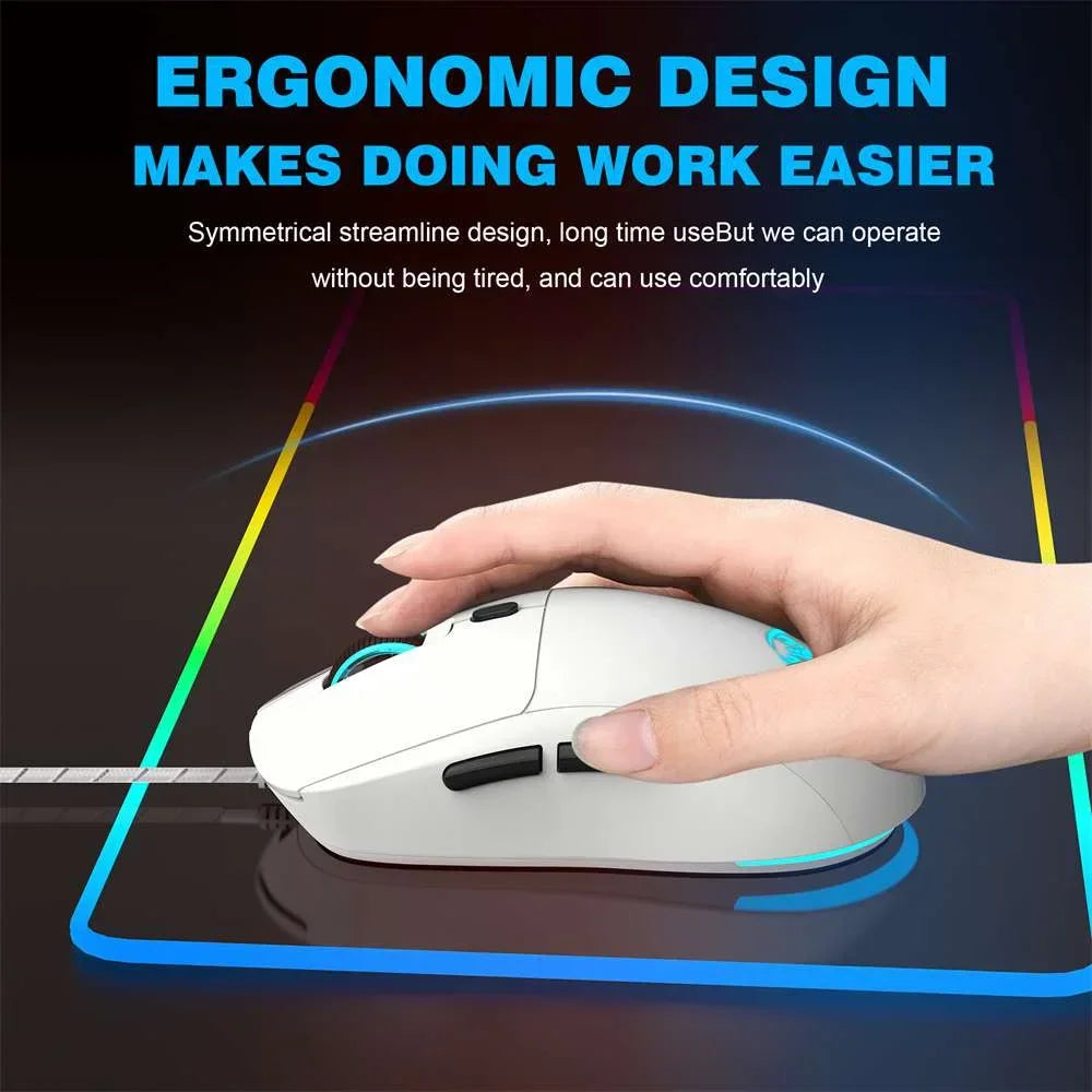 Hand holding a white ergonomic gaming mouse with RGB lighting on a black mousepad