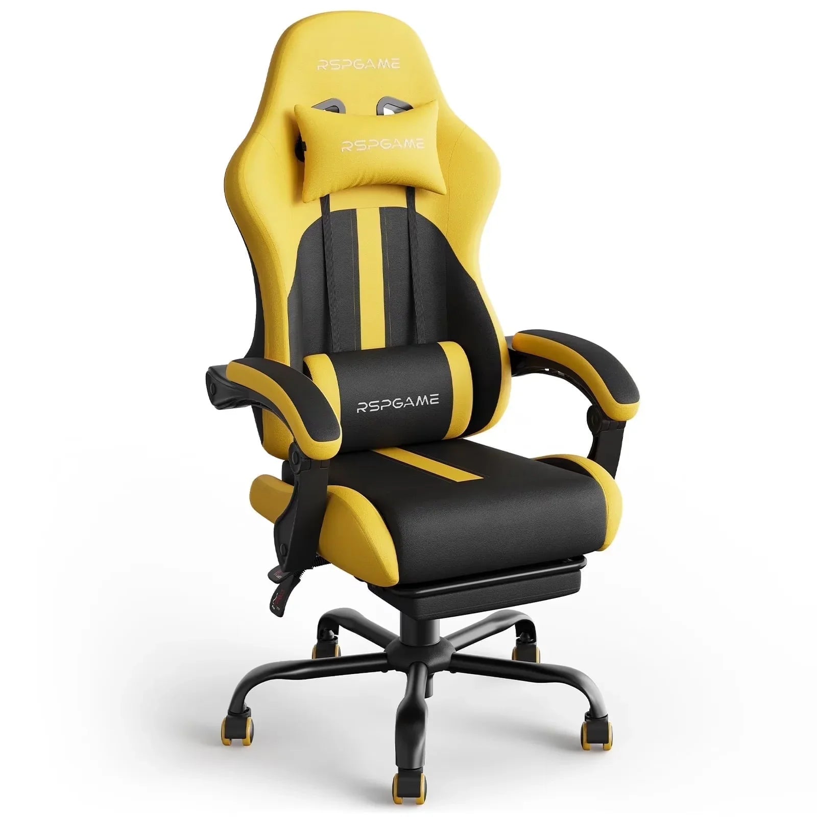 Yellow and black RSPGAME gaming chair with lumbar support, headrest pillow, and adjustable armrests for ergonomic comfort.