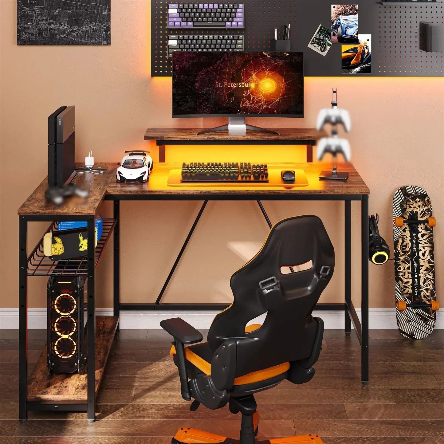 48" L Shaped Desk with LED Lights & Power Outlets, Corner Computer Desk with Monitor Stand for Home Office, Rustic