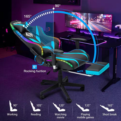 RGB gaming chair with 165° recline, 5° rocking, and footrest for working, gaming, or relaxing in setup