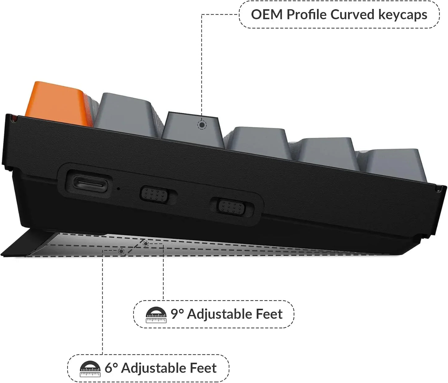 Side view of mechanical gaming keyboard with curved OEM keycaps, USB-C port, and adjustable feet.