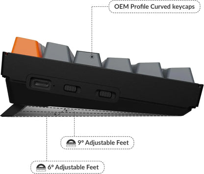 Side view of mechanical gaming keyboard with curved OEM keycaps, USB-C port, and adjustable feet.