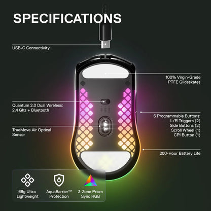 Gaming mouse bottom view with USB-C, dual wireless, optical sensor, PTFE glideskates, programmable buttons, 200-hour battery, RGB lighting