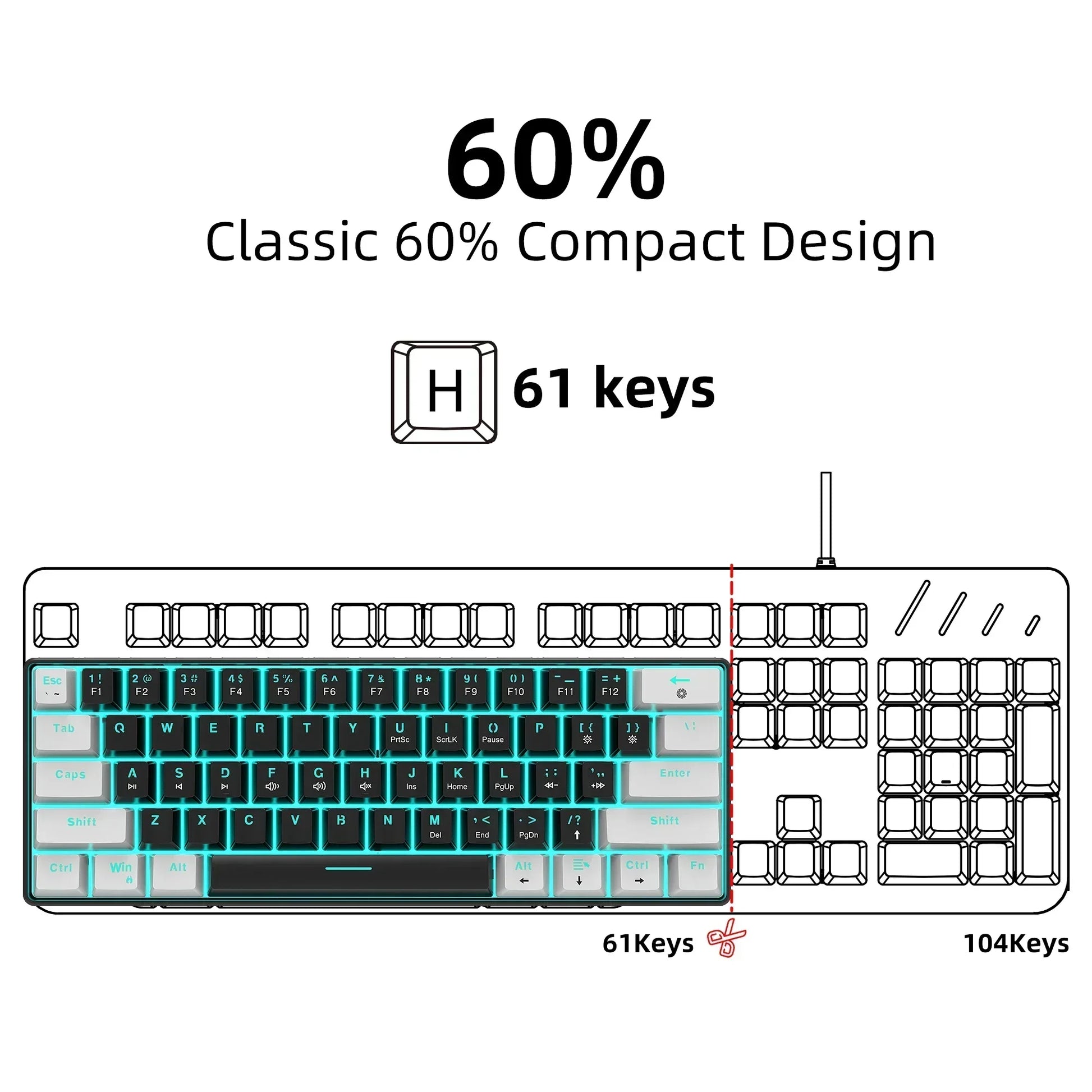Byte Style 60% compact RGB gaming keyboard with 61 keys, ideal for modern setups