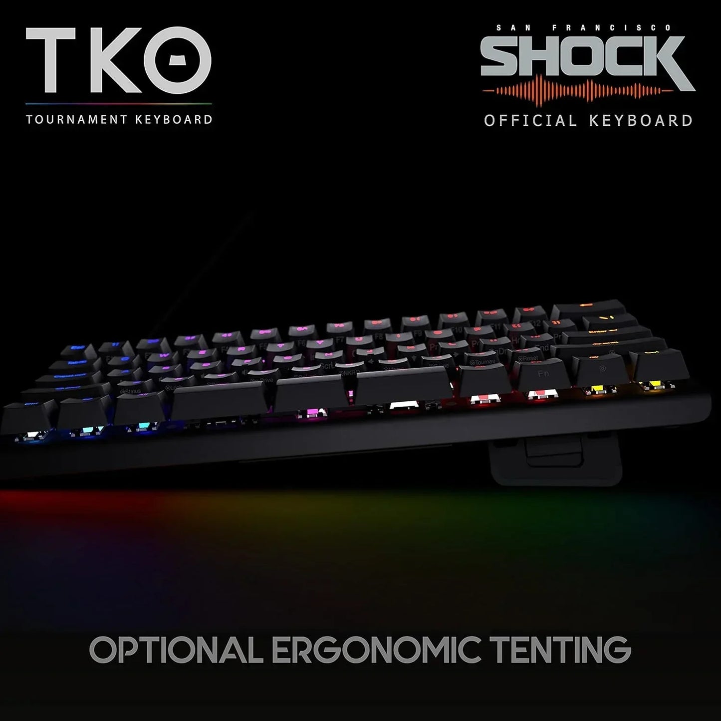 TKO RGB gaming keyboard with ergonomic tenting, official San Francisco Shock gear, retro 8-bit style