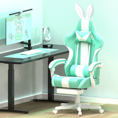 Mint green and white gaming chair with bunny ears, matching desk setup for gamers