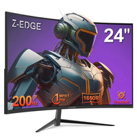 Z-Edge 24-inch curved gaming monitor with 200Hz refresh rate, 1ms response, 1650R curvature featuring futuristic robot image