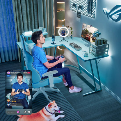 Gamer streaming live in modern blue-themed room with gaming setup, LED lights, and dog