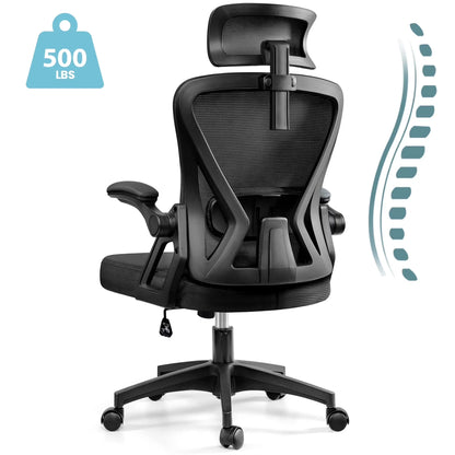 Black ergonomic gaming office chair with 500 lbs capacity, mesh back, adjustable headrest, and lumbar support