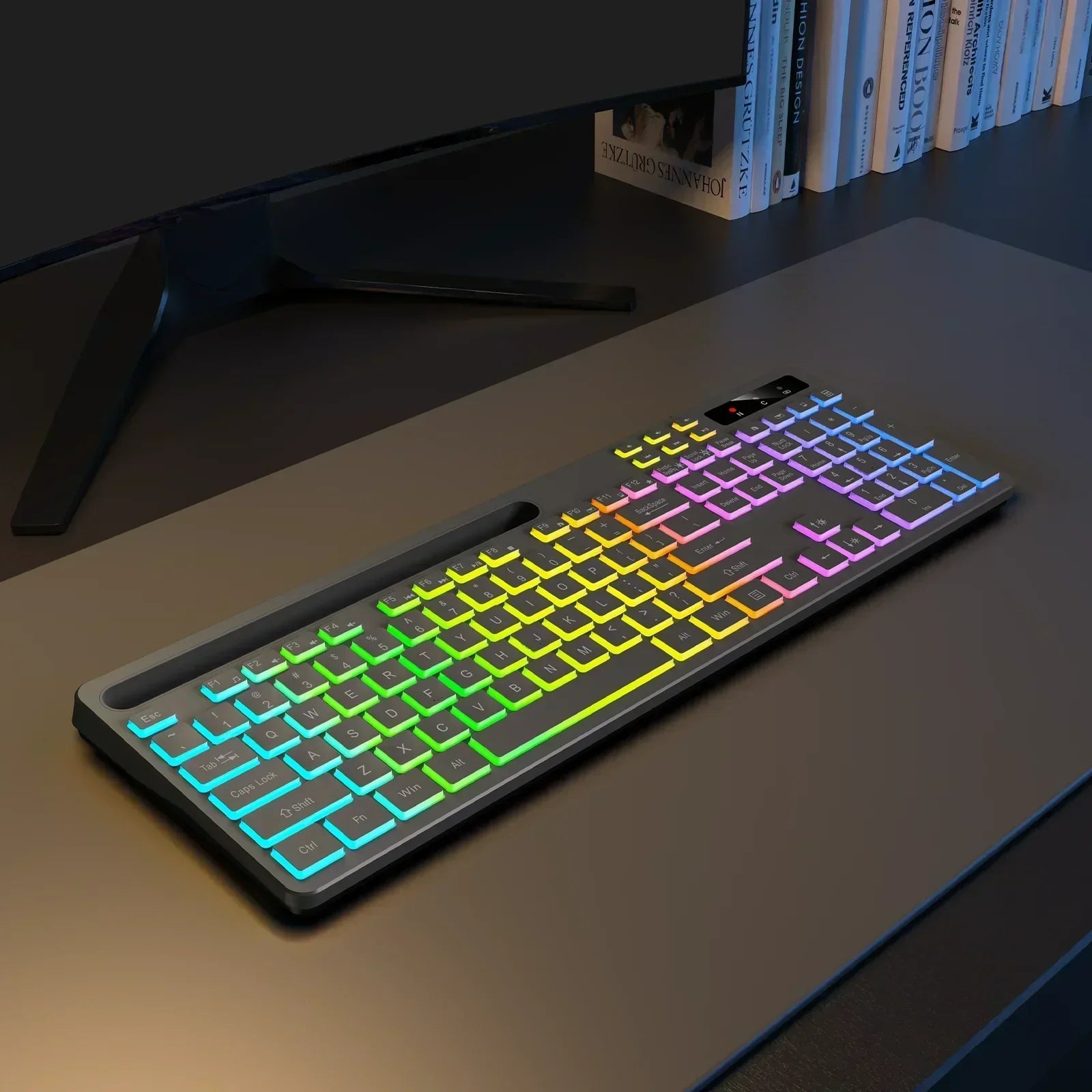 Wireless Keyboard with 7-Color RGB Backlit,  Full-Size Computer Keyboard with Phone Tablet Holder, Rechargeable 2.4G Wireless Gaming Keyboard with Light up Keys, Compatible with Mac,Window,Gray