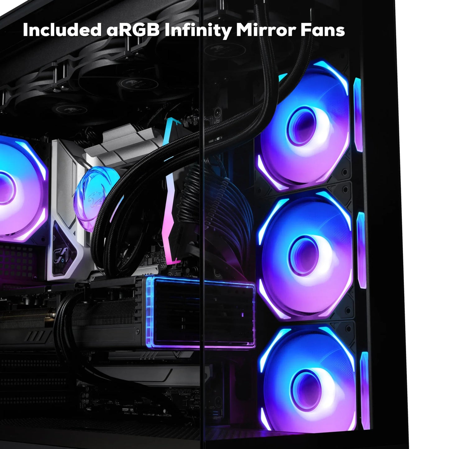 Gaming PC interior with aRGB infinity mirror fans glowing purple and blue inside a black case