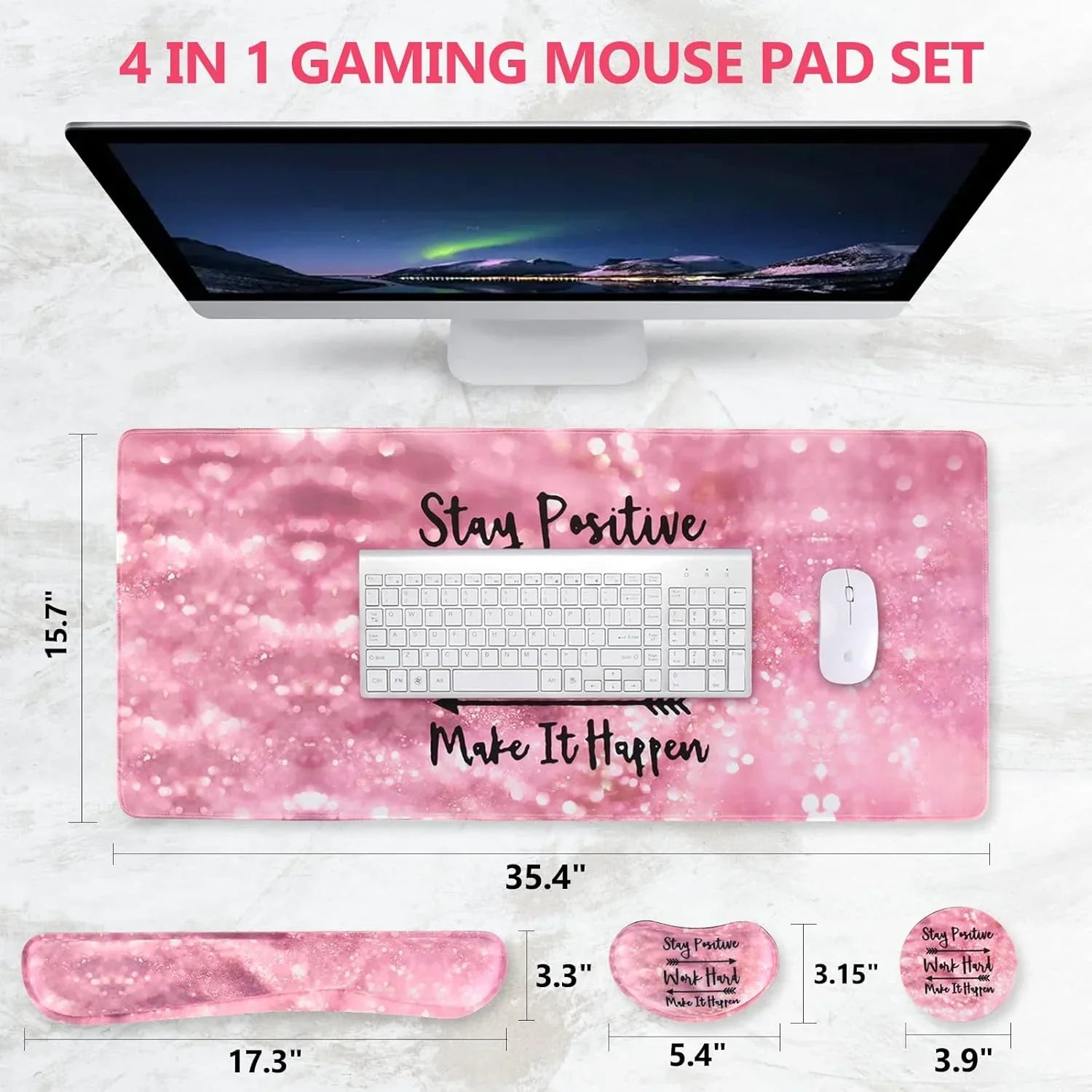 Pink 4-in-1 gaming mouse pad set with motivational quotes, ergonomic wrist rest, keyboard and mouse on marble desk
