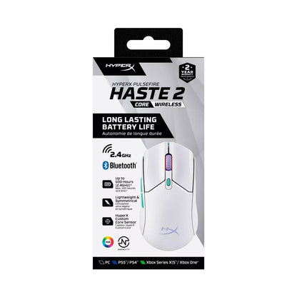HyperX Pulsefire Haste 2 Core Wireless white gaming mouse with long battery life, 2.4 GHz and Bluetooth