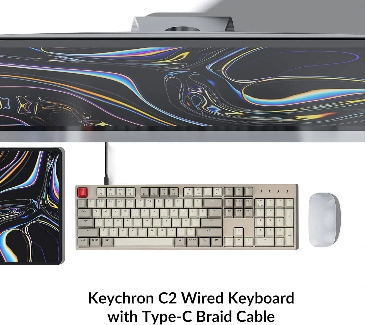Keychron C2 wired mechanical keyboard with Type-C cable, modern gaming desk setup