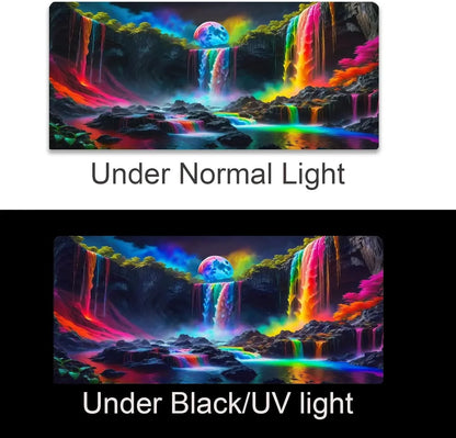 Vivid digital artwork of a rainbow waterfall and moonlit landscape under normal and black/UV light