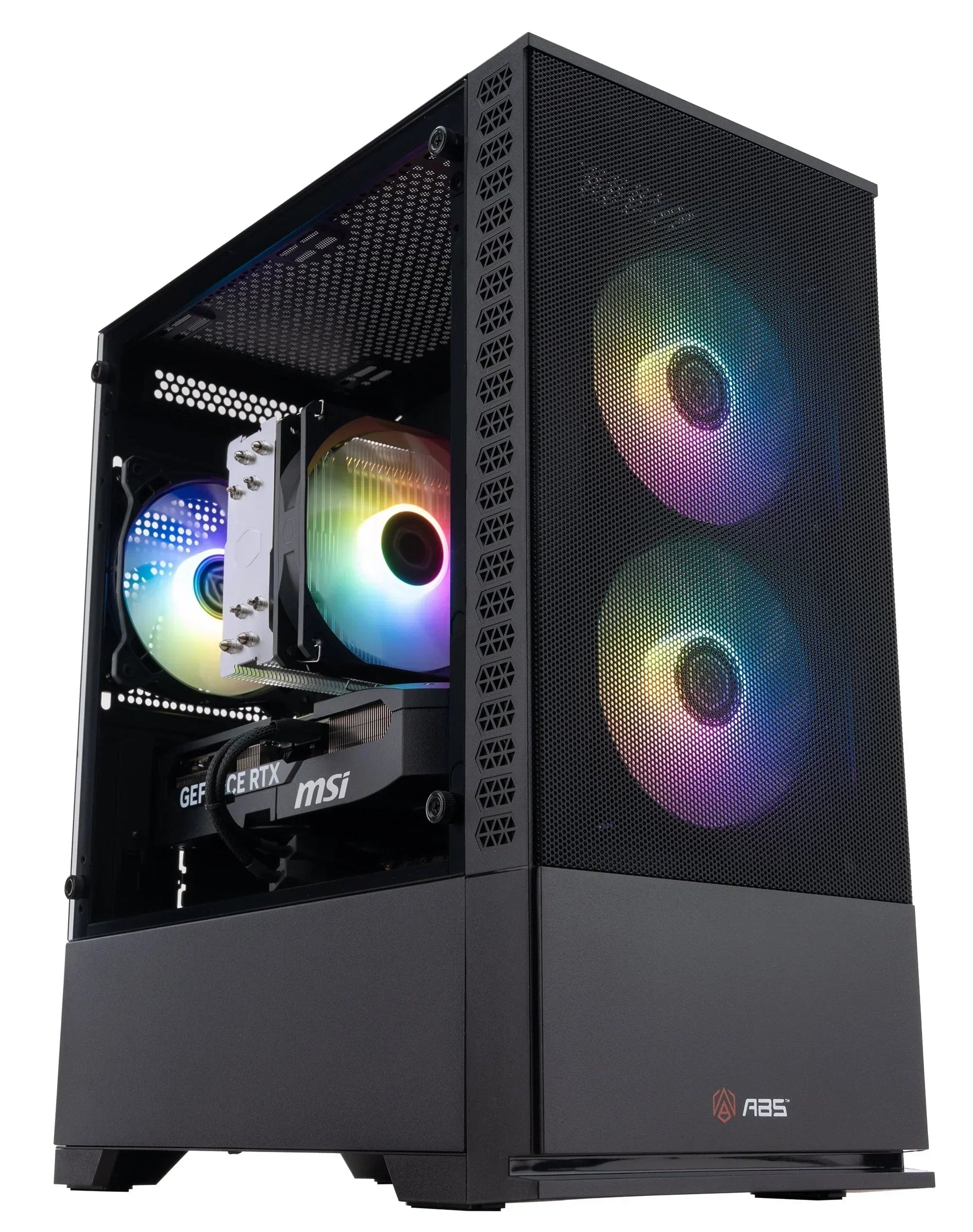 Gaming PC with RGB fans, MSI GeForce RTX graphics card, and mesh front panel.