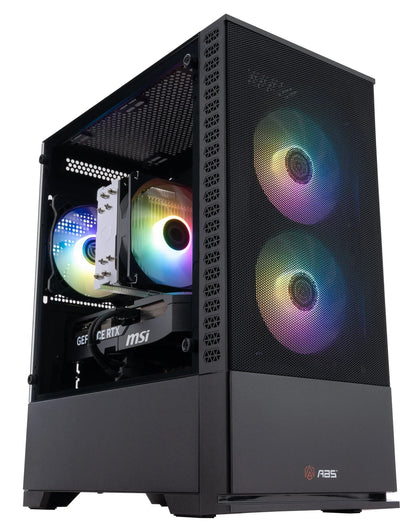 Gaming PC with RGB fans, MSI GeForce RTX graphics card, and mesh front panel.