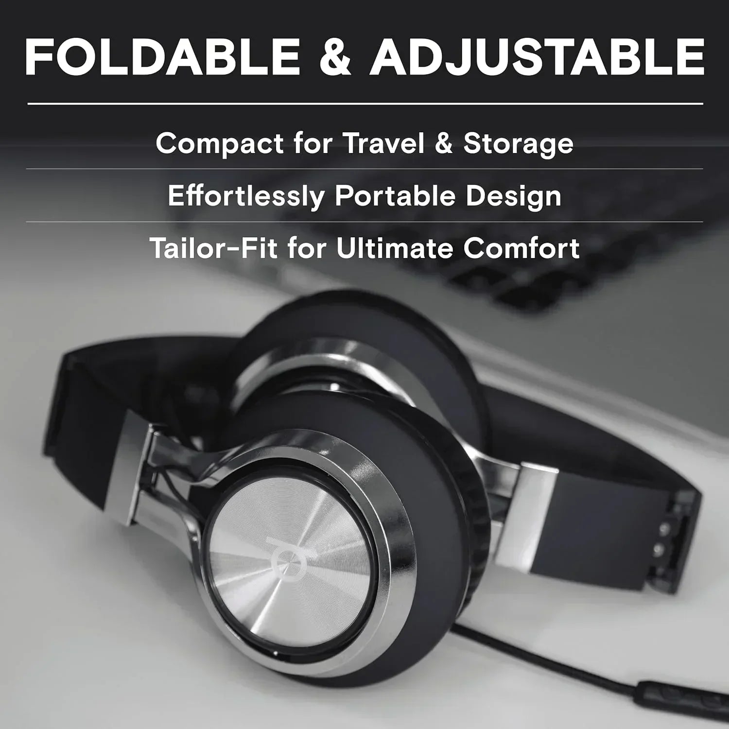 Foldable adjustable over-ear gaming headphones with portable, comfortable design on desk