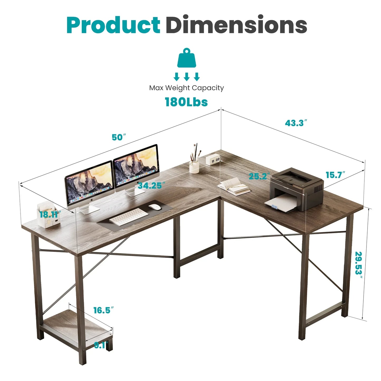 49 Inch L Shaped Desk - Computer Desk Corner Desks Gaming Desk PC Table with CPU Stand for Home Office Dorm Sturdy Writing Workstation, Gray