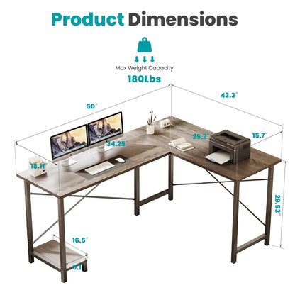 49 Inch L Shaped Desk - Computer Desk Corner Desks Gaming Desk PC Table with CPU Stand for Home Office Dorm Sturdy Writing Workstation, Gray