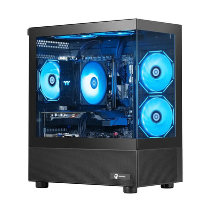 Gaming PC with RGB blue LED fans and transparent tempered glass side panel