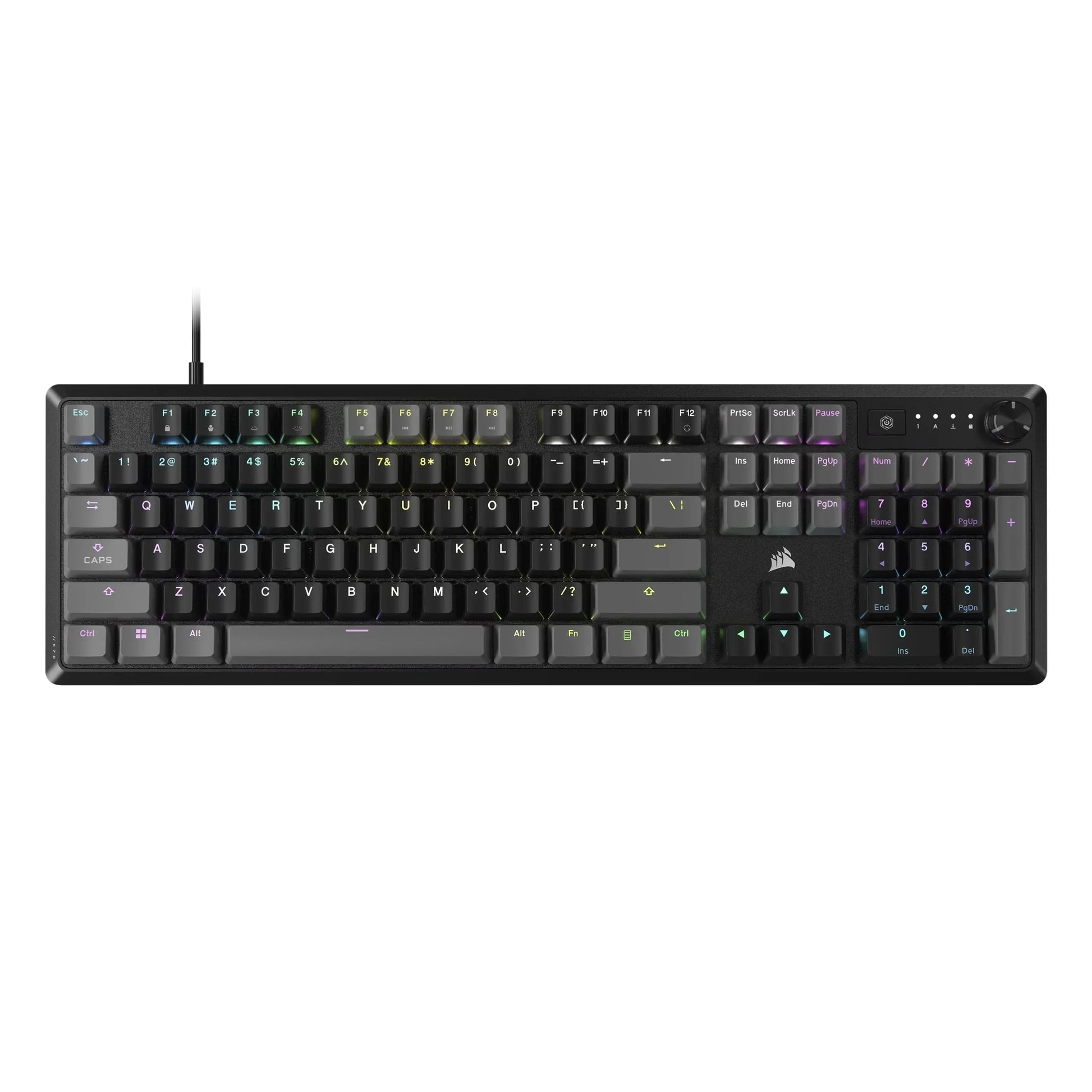 RGB backlit mechanical gaming keyboard with full key layout, black keys, and modern design