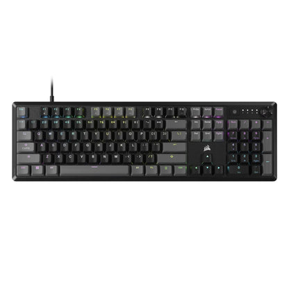 RGB backlit mechanical gaming keyboard with full key layout, black keys, and modern design