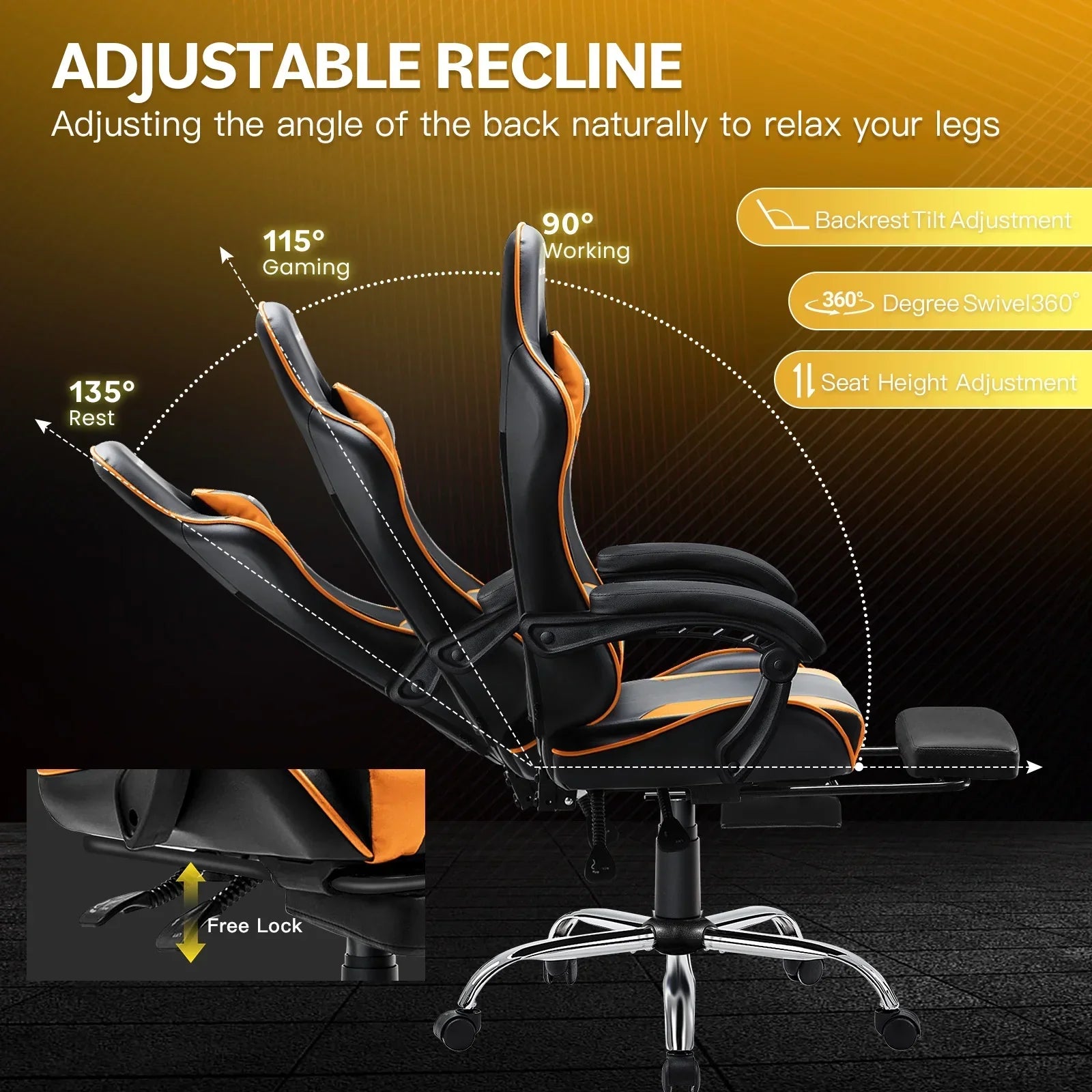Black and orange ergonomic gaming chair showing adjustable recline angles for gaming, working, and resting with footrest and swivel base