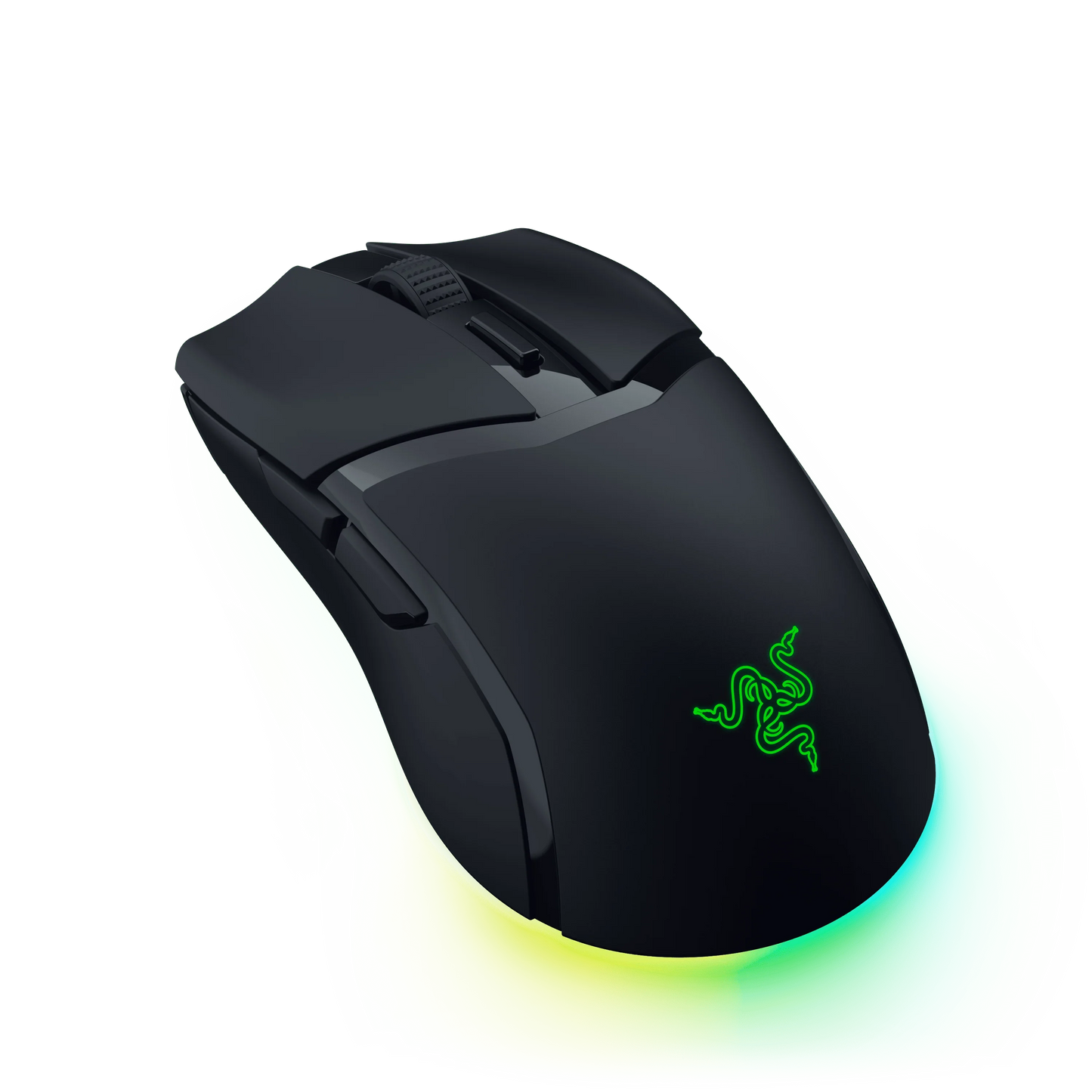 Black gaming mouse with customizable green RGB lighting and Razer logo, sleek ergonomic design