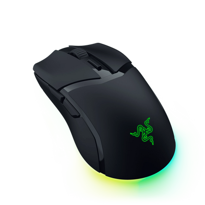 Black gaming mouse with customizable green RGB lighting and Razer logo, sleek ergonomic design