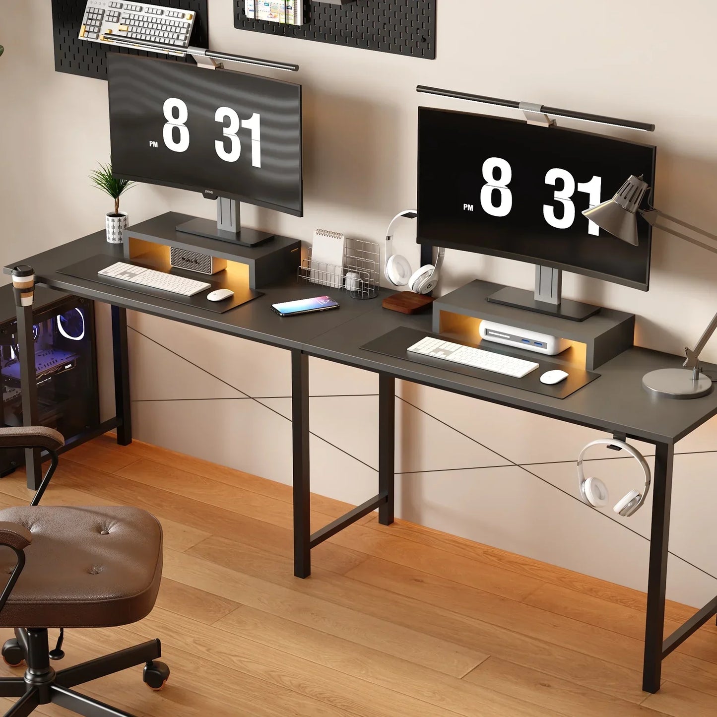 L-Shaped Gaming Desk with RGB Light and Removable Storage Stands, Black