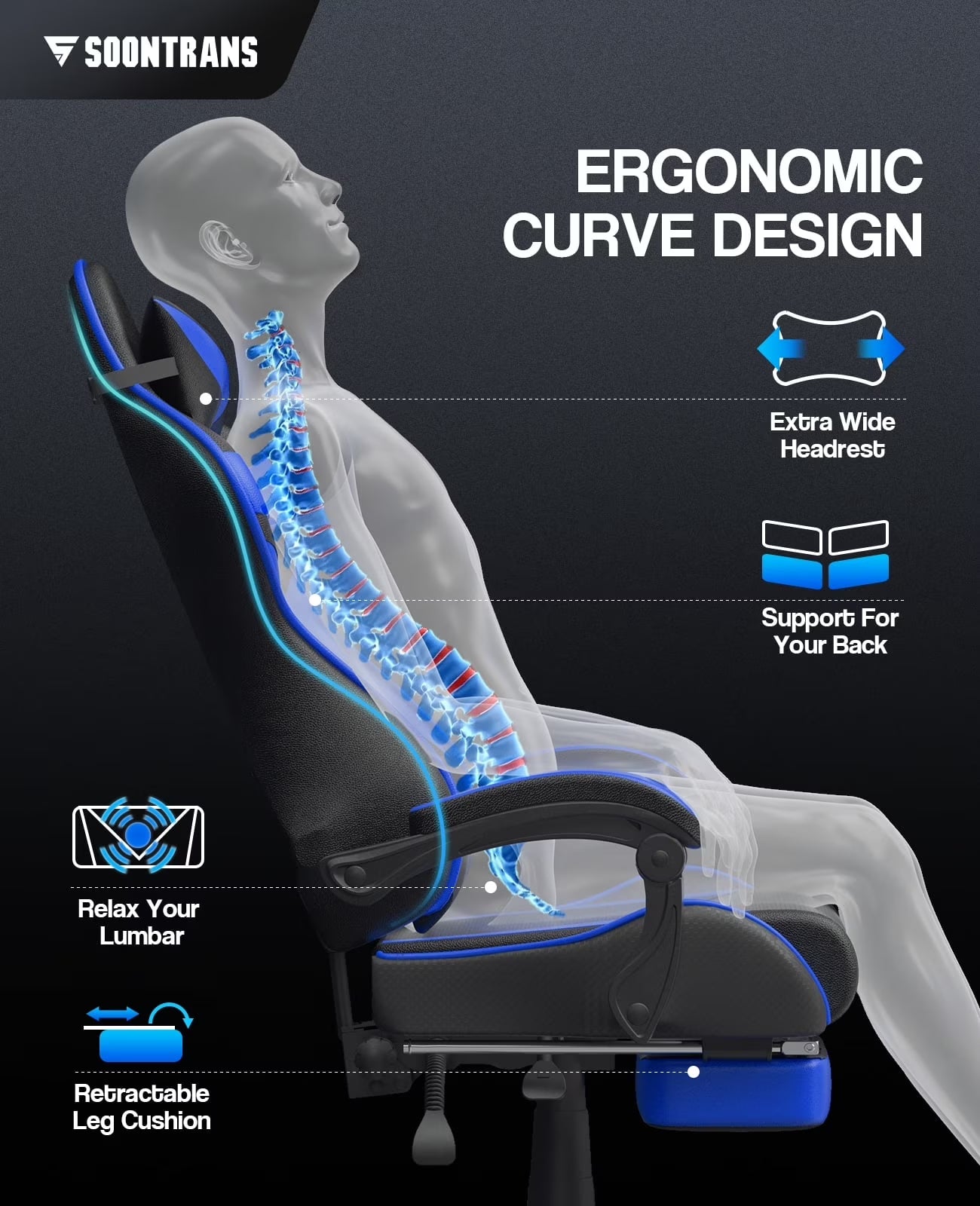 Ergonomic gaming chair with curve design, lumbar support, wide headrest, and retractable leg cushion for comfort.