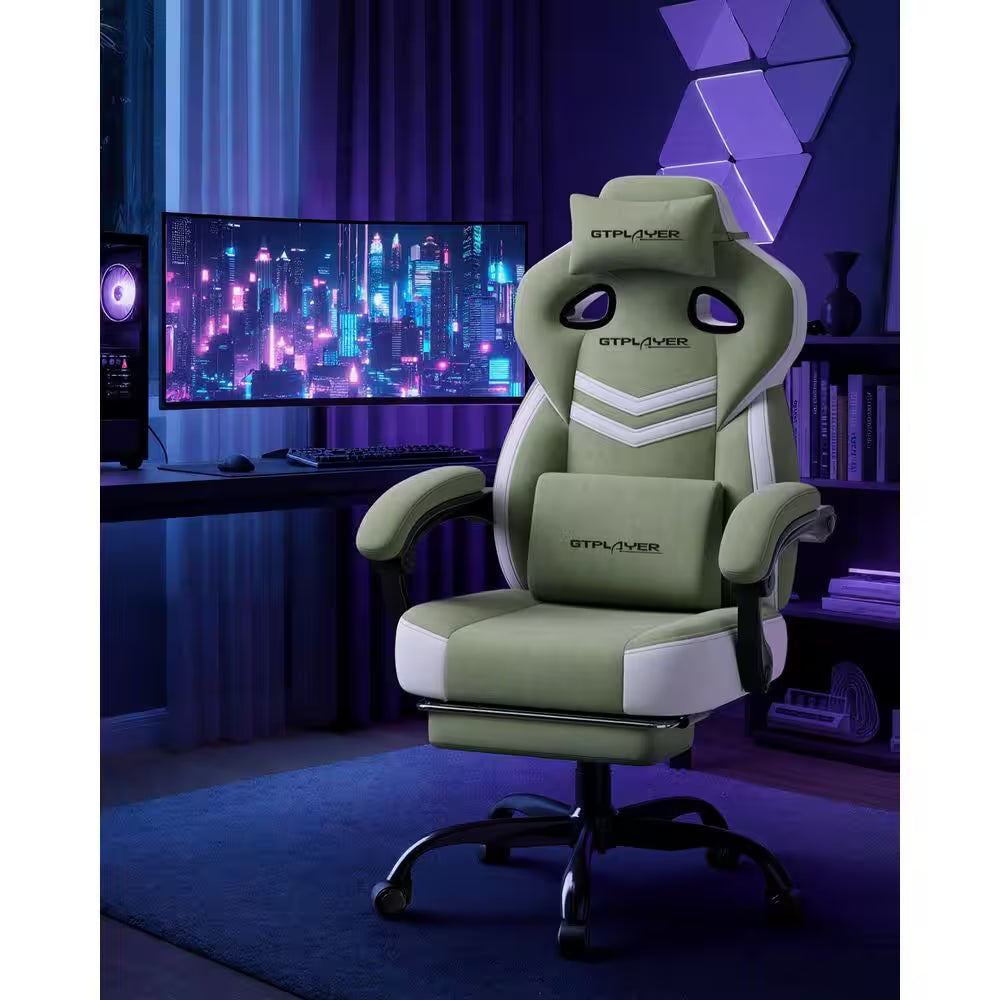 Green and white GTPLAYER gaming chair in neon-lit setup with curved monitor and RGB lighting