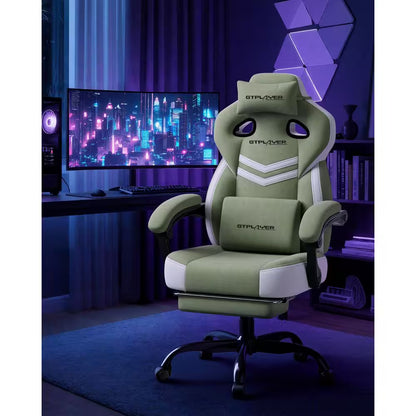 Green and white GTPLAYER gaming chair in neon-lit setup with curved monitor and RGB lighting