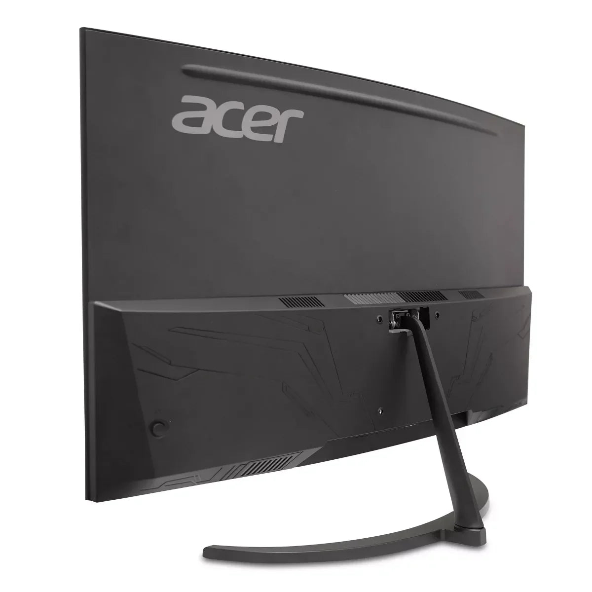 Back view of black Acer curved gaming monitor on stand with vented design details