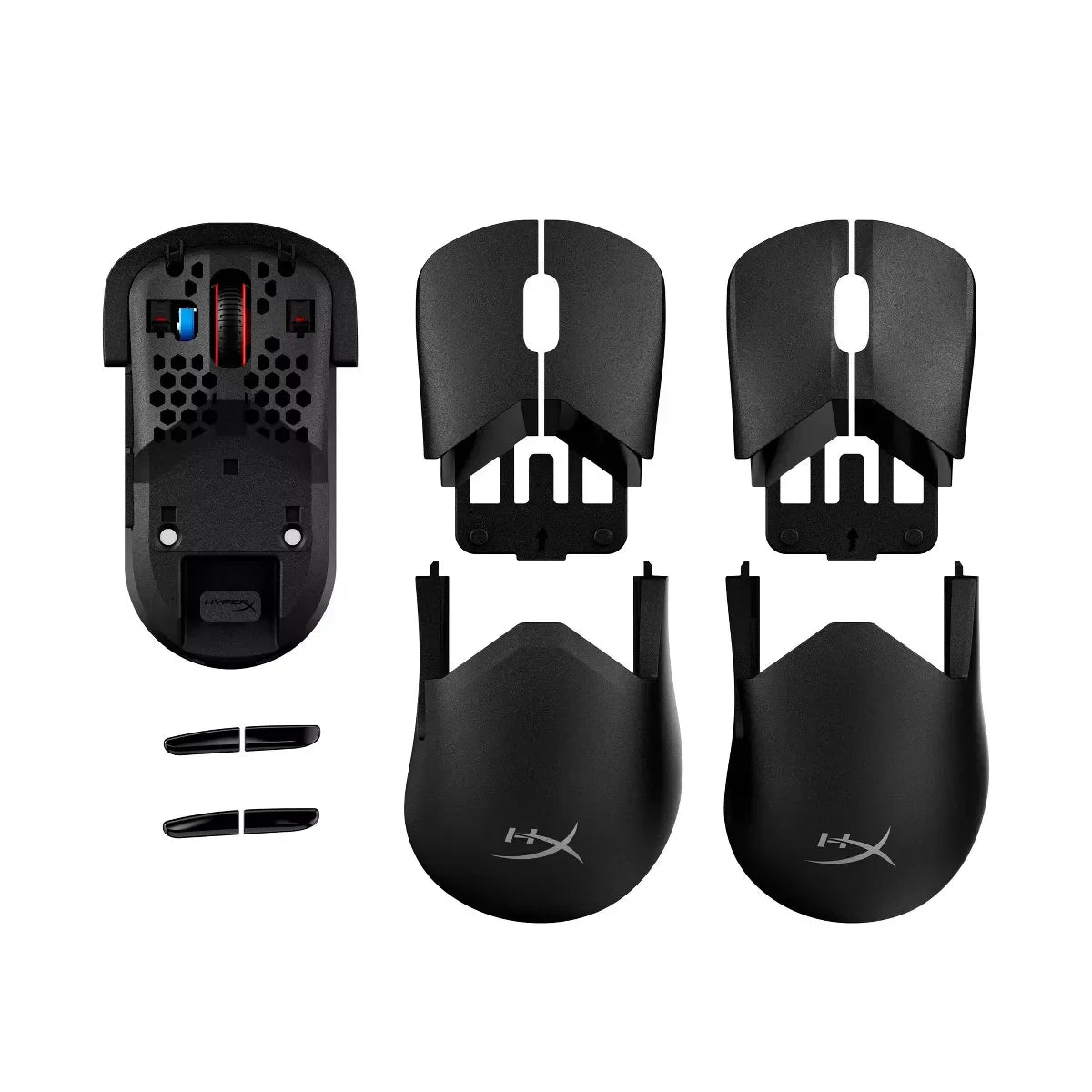 Disassembled HyperX gaming mouse with black shell, buttons, and scroll wheel on white background