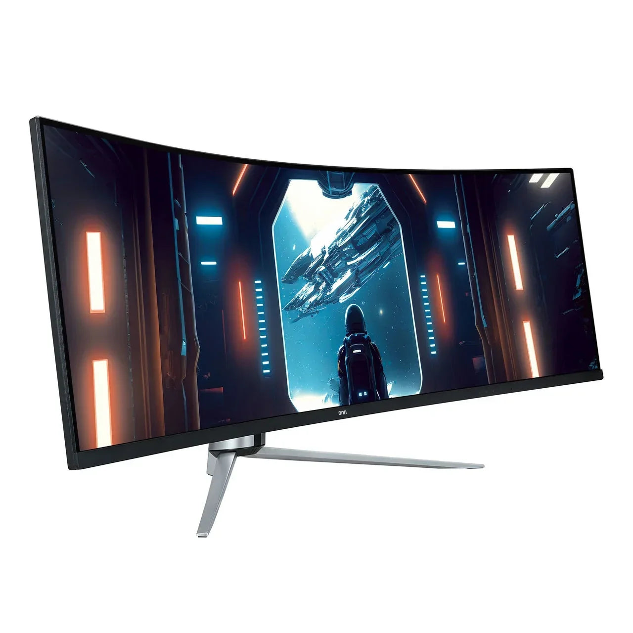 Curved widescreen gaming monitor displaying a futuristic sci-fi scene with a spaceship and astronaut